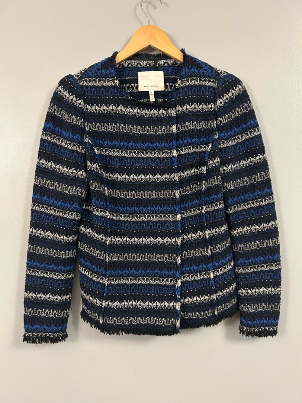 Rebecca Taylor Navy, Black & Gray Striped Tweed Jacket Size 4 Button Up